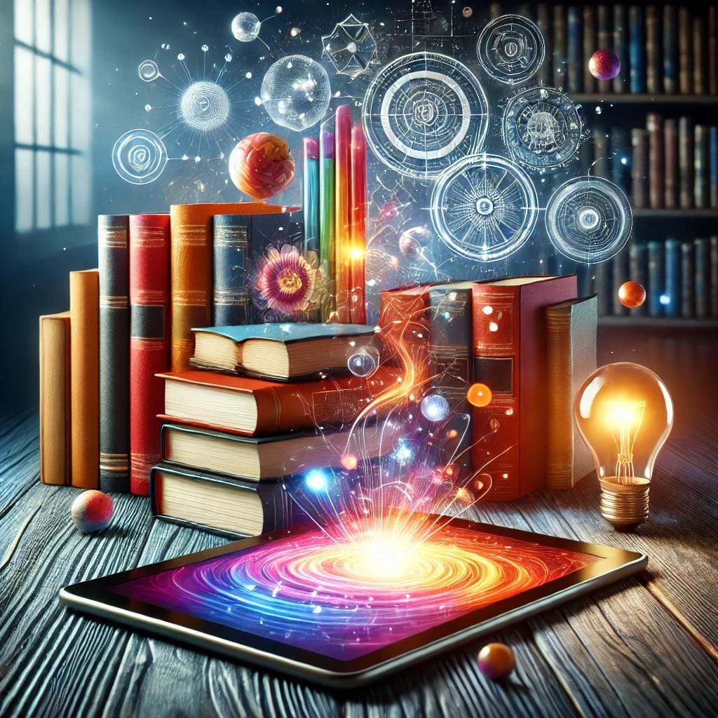Kreative Darstellung einer Kombination aus klassischen Büchern und einem digitalen Tablet, umgeben von leuchtenden Symbolen und Ideen, die Wissen und Technologie verbinden.