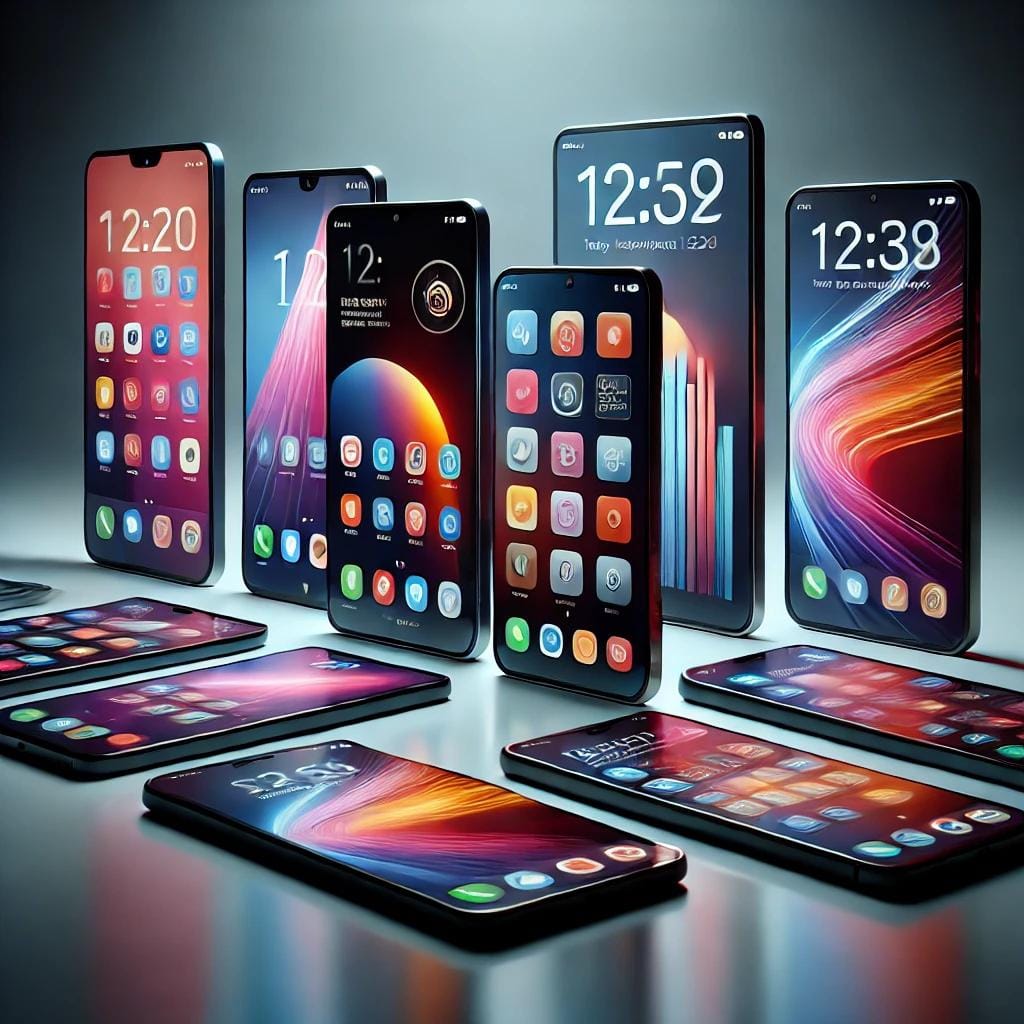 Moderne Smartphones mit verschiedenen Displays und Benutzeroberflächen, präsentiert in einer stilvollen Anordnung.