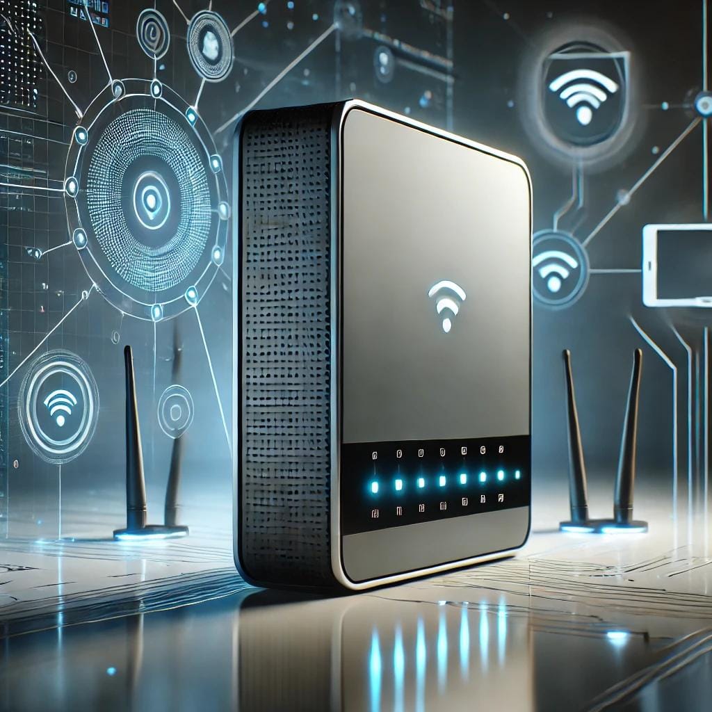 Modernes WLAN-Router-Design mit futuristischer Technologie, verbunden mit einem Netzwerk aus digitalen Symbolen und Geräten.