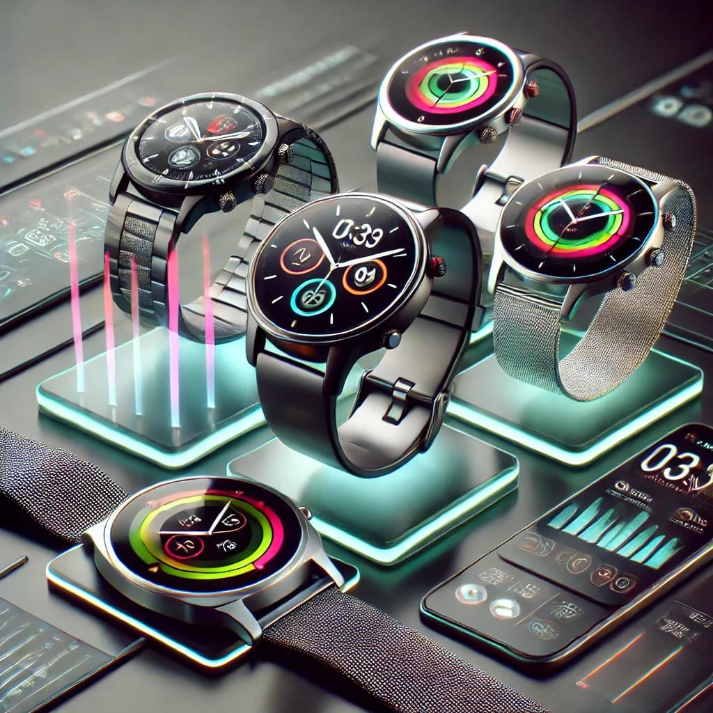 Moderne Smartwatches mit verschiedenen Designs und Funktionen, präsentiert auf futuristischen Displays mit interaktiven Elementen.