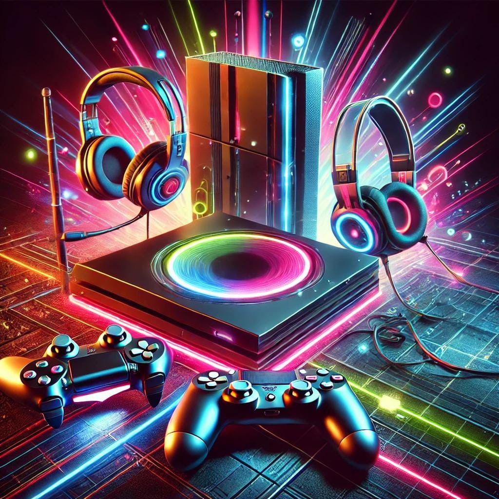 Futuristisches Gaming-Setup mit Konsole, beleuchtetem Headset, zwei Controllern und lebhaften Lichteffekten in Neonfarben.