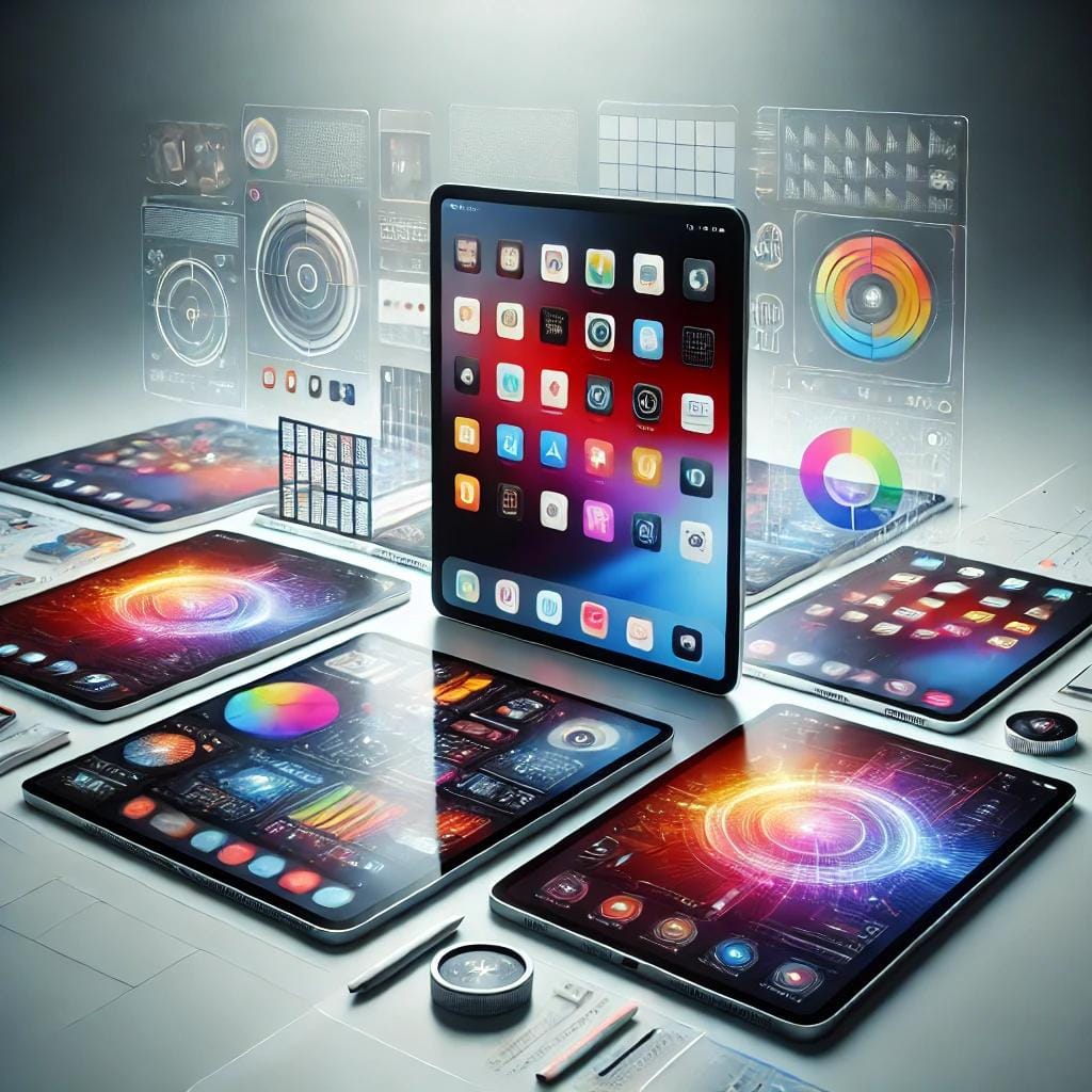 Moderne Tablets mit interaktiven Benutzeroberflächen, futuristischen Apps und kreativen Design-Elementen in einer stilvollen Präsentation.