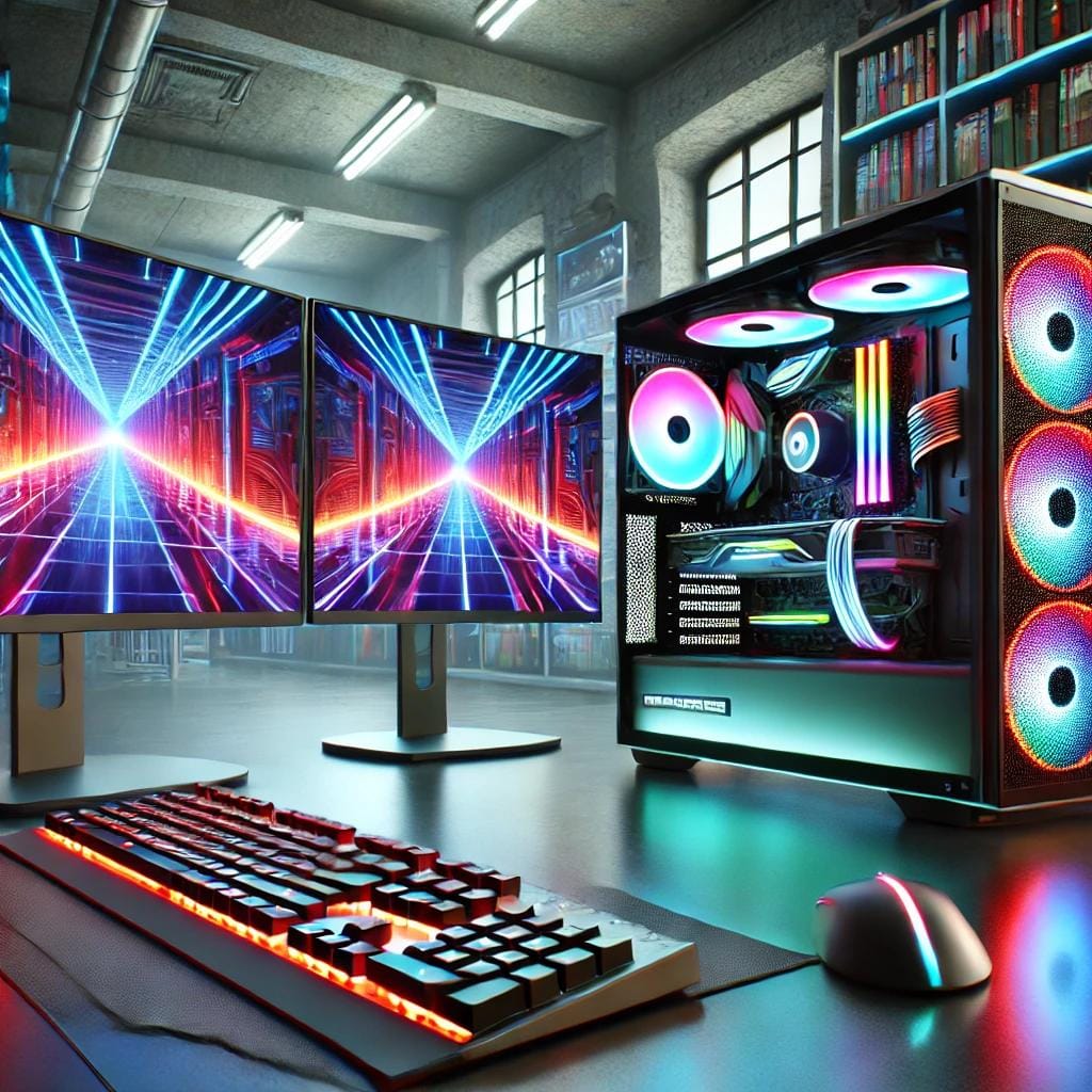 Futuristisches Gaming-Setup mit zwei Monitoren, RGB-beleuchtetem PC-Gehäuse, mechanischer Tastatur und Maus in einer modernen Umgebung.