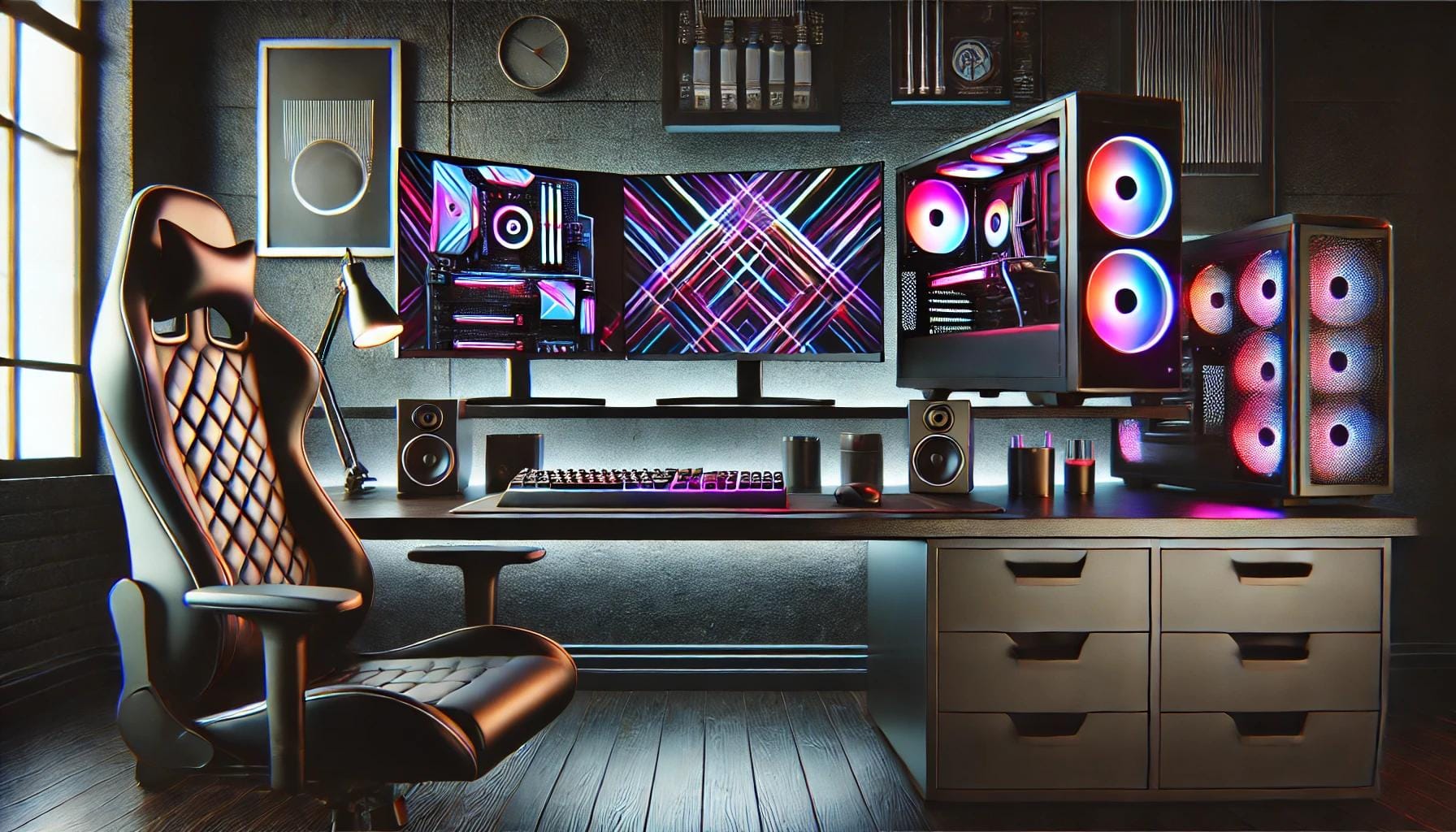 Modernes Gaming-Setup mit ergonomischem Stuhl, drei Monitoren und einem beleuchteten PC-Gehäuse in RGB-Farben.