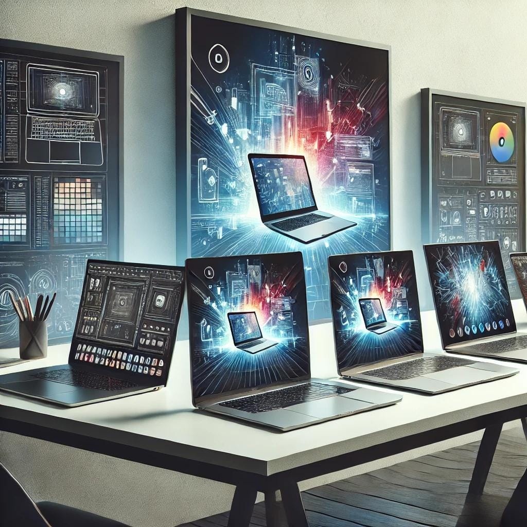 Digitales Design mit mehreren modernen Laptops auf einem Tisch, umgeben von futuristischer Grafik und technologischen Elementen.