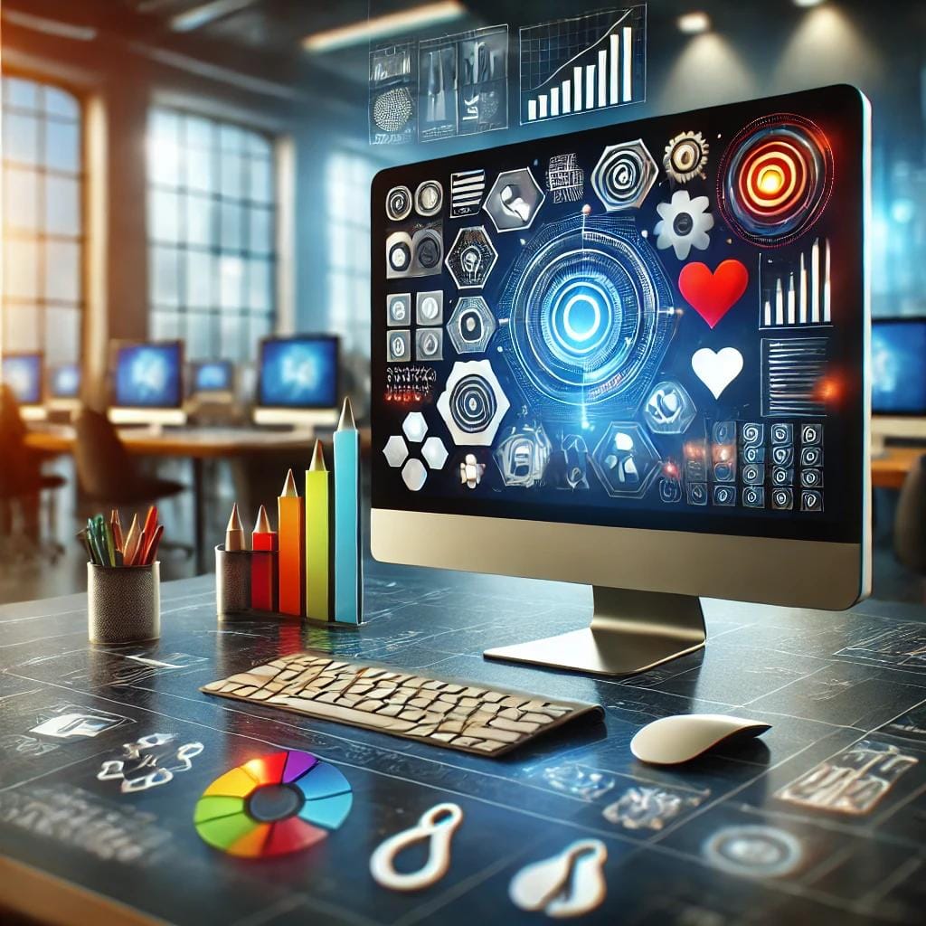 Modernes Büro-Setup mit einem Desktop-Computer, der Software-Dashboards und Datenvisualisierungen anzeigt, umgeben von bunten Stiften und Diagrammen.