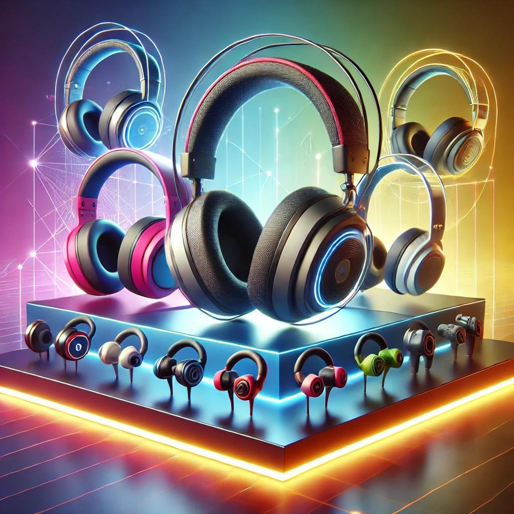 Vielseitige Kopfhörer-Kollektion mit verschiedenen Designs und Farben, präsentiert auf einer beleuchteten, futuristischen Plattform.